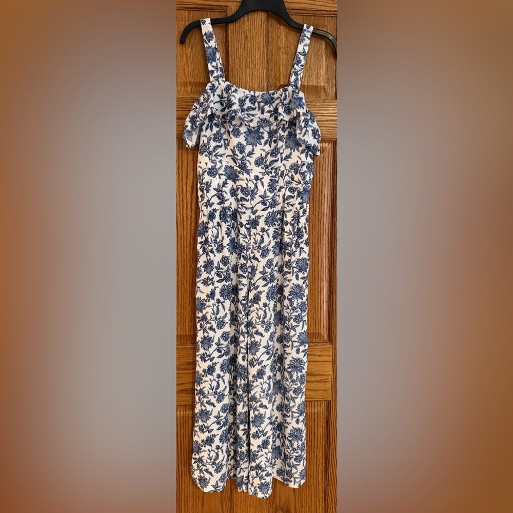 LOFT SLEEVELESS RUFFLE FRONT BLUE & WHITE TRELIS FLORAL JUMPSUIT SIZE 0 - Picture 2 of 12